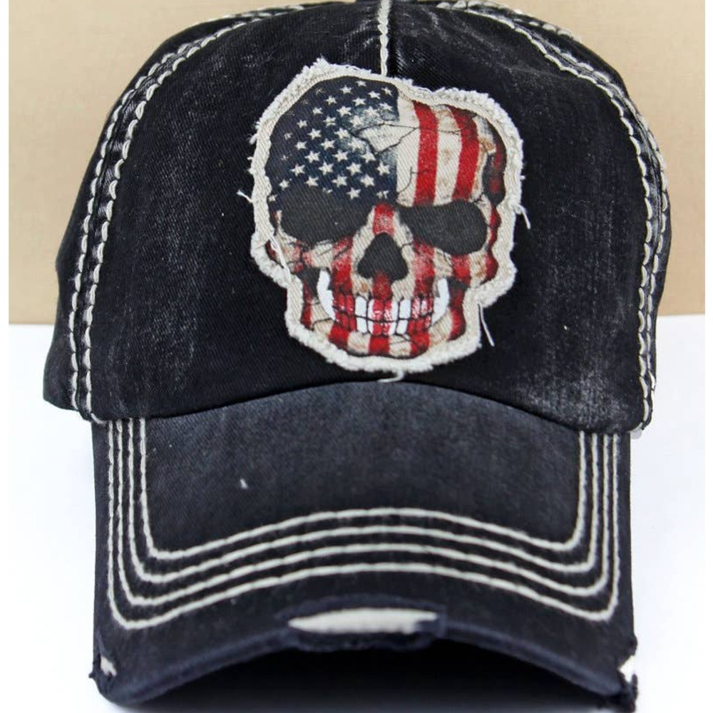 BLACK DISTRESSED FABRIC APPLIQUE AMERICAN SKULL CAP